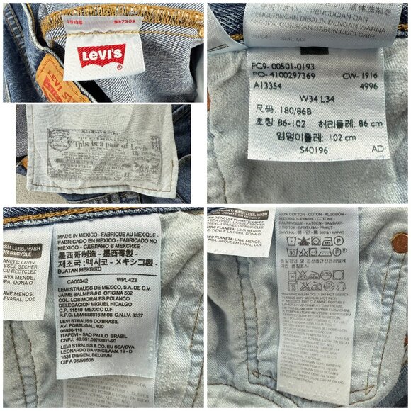 Levis 501 Jeans Mens 34x34 Pants Blue Stonewash Frayed Hem Button Straight Denim - Picture 10 of 12